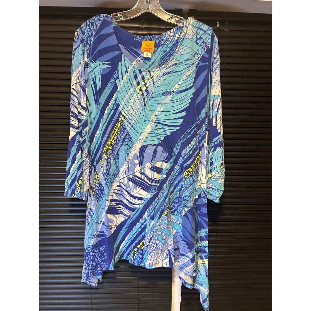 Ruby Rd Woman Tunic Top Womens 2X Blue Tropical Leaf Print 3/4 Sleeve Casual